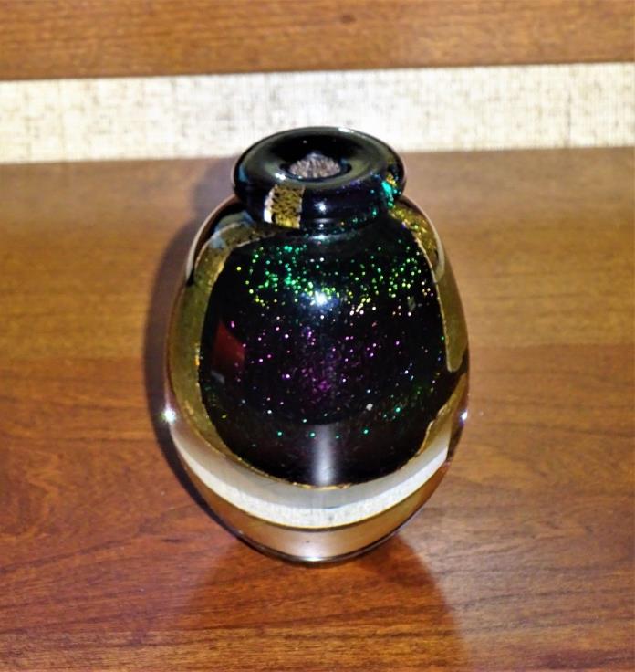 Robert EICKHOLT Art Glass Iridescent Paperweight GOLD Foil EGG Vase  1990 Signed