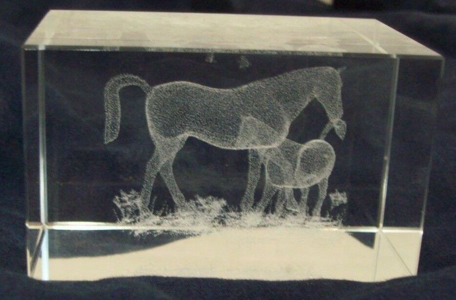 Clear Art Glass Paperweight Lazer Etched 3D Horses Home Decor
