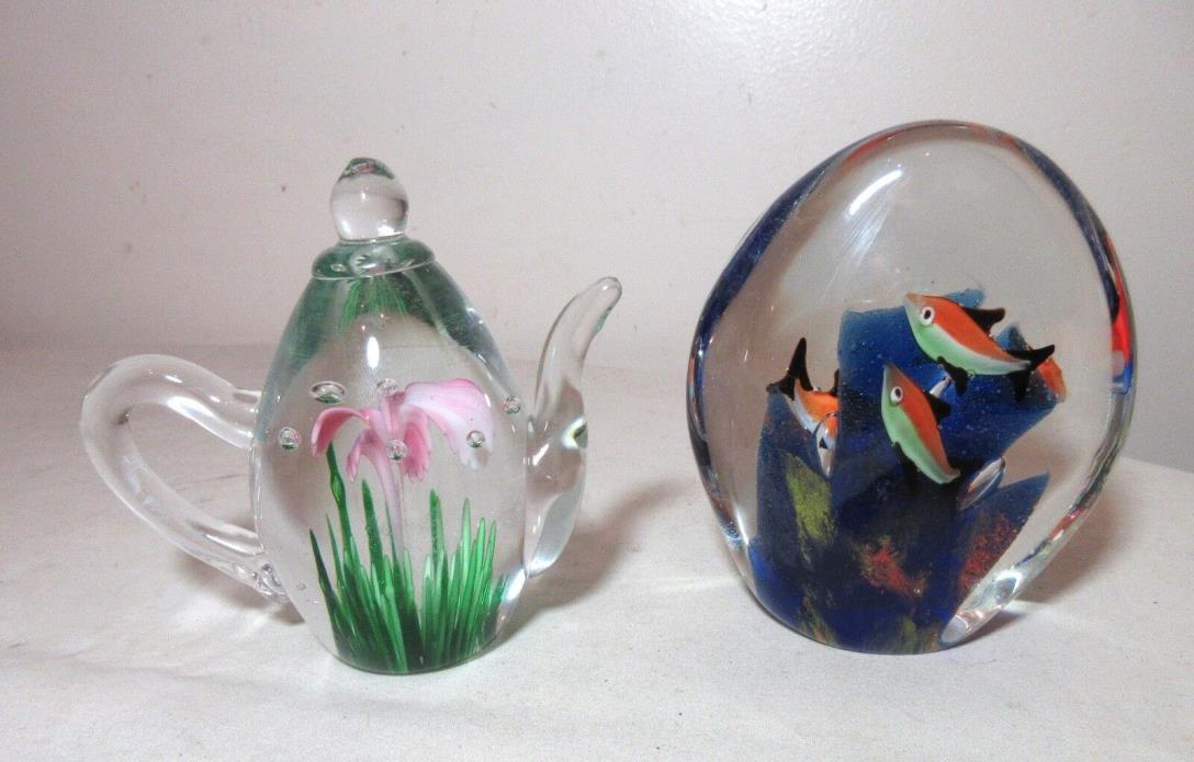 pair 2 hand blown solid art glass figural teapot flower fish paperweights