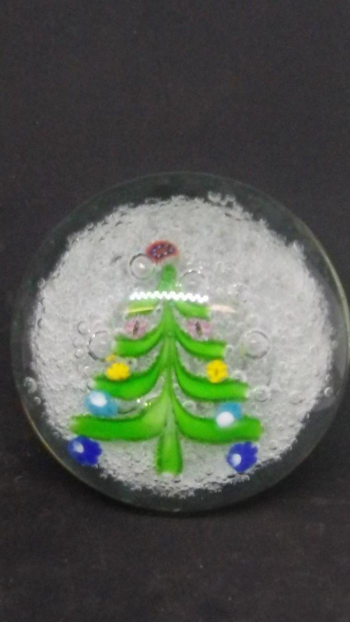 Gorgeous Christmas Tree with Snow, Glass Paper Weight. Rear. (PW-B)Bench