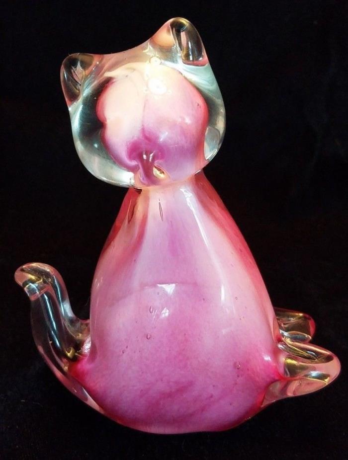 Vintage Glass Pink Cat Paperweight
