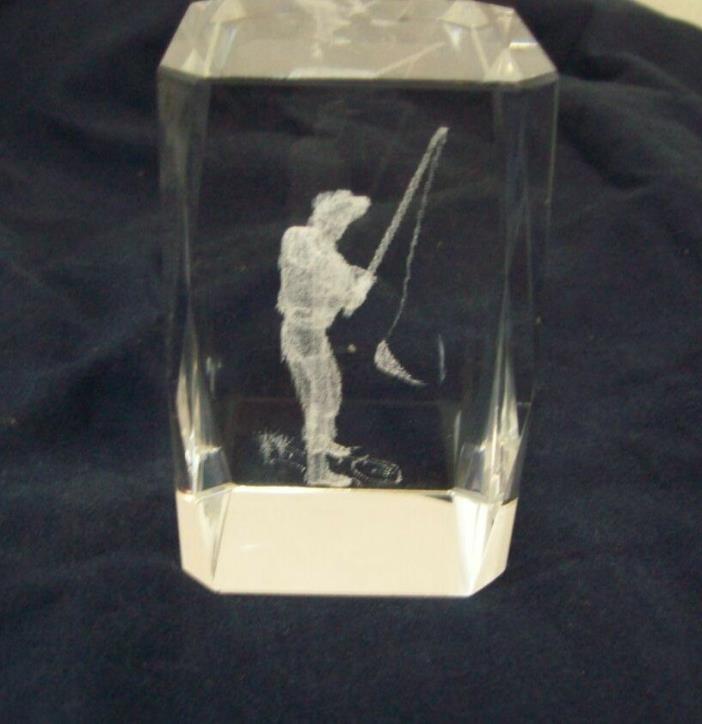Clear Art Glass Paperweight Lazer Etched 3D Fisherman Home Decor Office