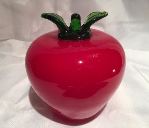 Red Hand Blown Art Glass Apple Paperweight Decor With Green Leaves 4 1/4