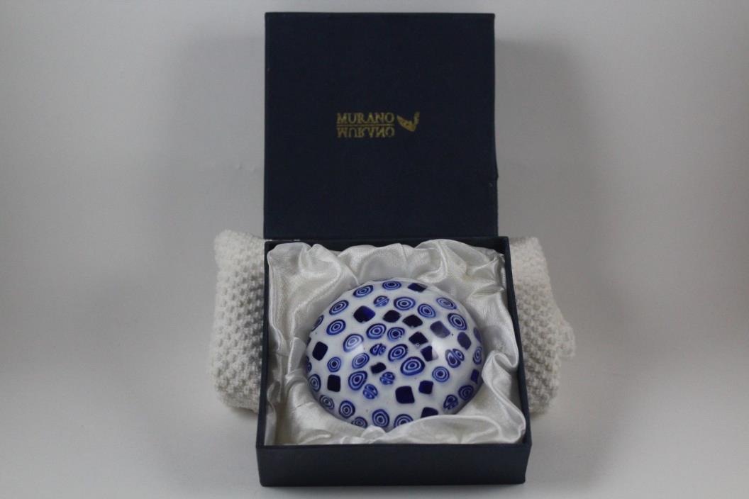MURANO ? Cristalleria Art Glass Blue & White Millefiori Paperweight Original Box