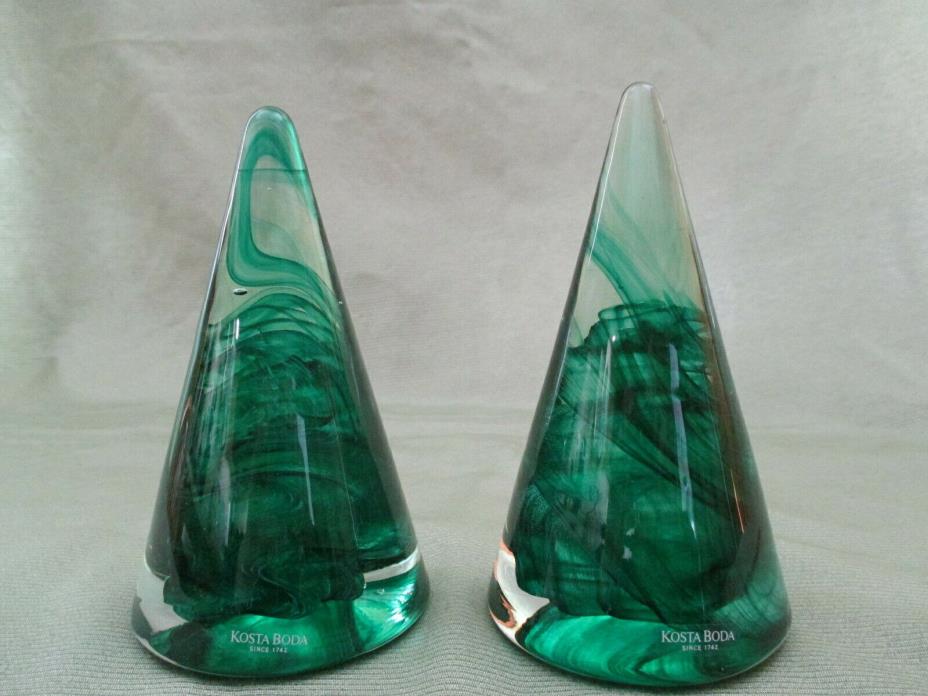 Pair of KOSTA BODA Green Glass Atoll Cone Tree Paperweight  - Sweden Anna Ehrner