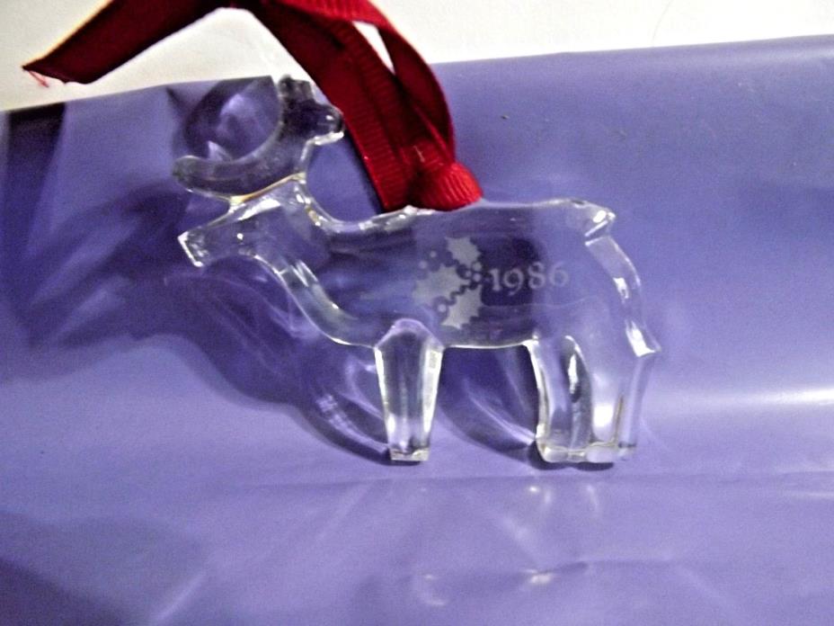 ORREFORS CRYSTAL REINDEER CHRISTMAS 1986 ORNAMENT with red ribbon and BOX