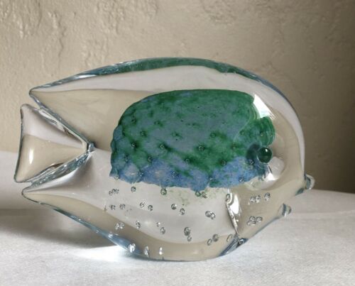 VINTAGE MARCOLIN KONSTGLAS SWEDEN MID CENTURY ART GLASS FISH FIGURINE Green Blue