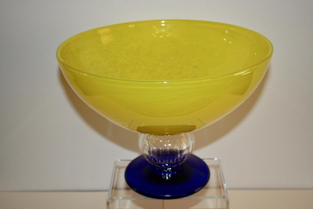 HAND BLOWN Kosta Boda Large Yellow Bowl/ Blue Base: signed artist Gunnel Sahlin