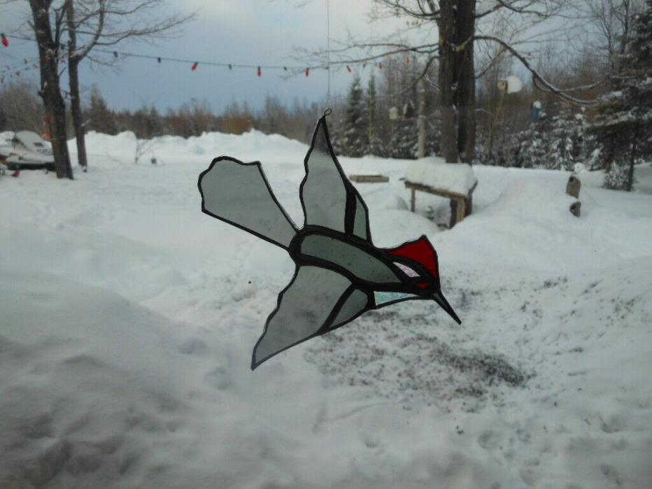 pileated woodpecker stained glass suncatcher