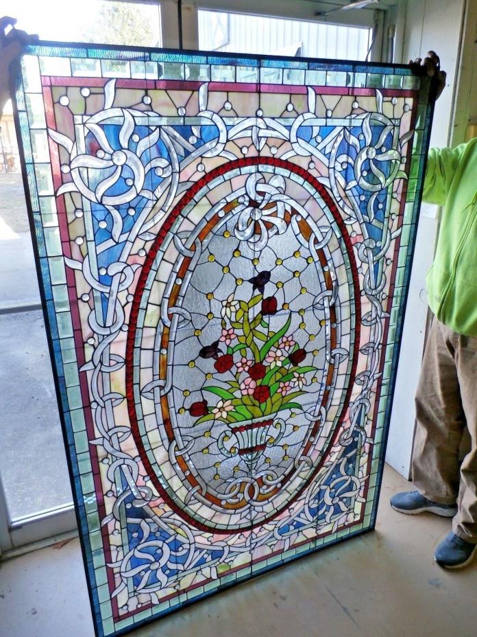 Beautiful Large Floral Leaded and Stained Glass Window / Panel  48