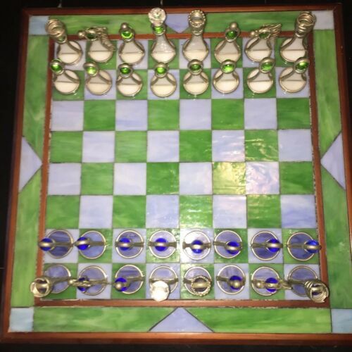 STAINED GLASS CHESS SET BOARD & ALL PIECES 18” Wood Inlay -Pieces Metal & Glass