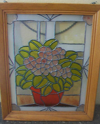 STAINED GLASS PANEL, FLOWERS AND LEAVES, MULTICOLORED, FRAMED