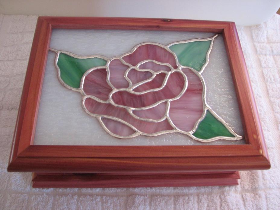 LEADED STAINED GLASS ROSE WITH CEDAR JEWELRY BOX MADE IN USA