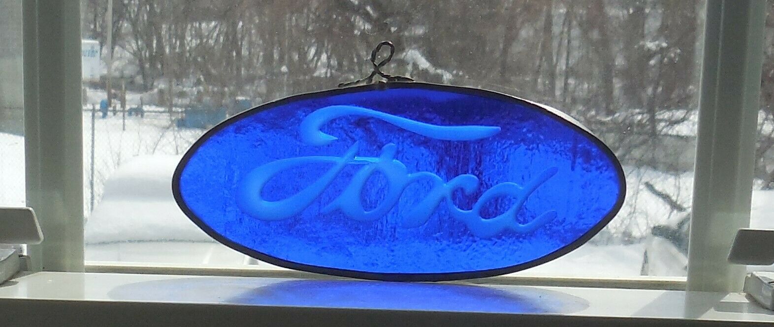 Vintage Original Oval Ford Logo Dealer Only Stained Glass Window Hanging Display