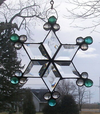 Beveled Glass Suncatcher Star or Snowflake Handmade With Sea Green Accents