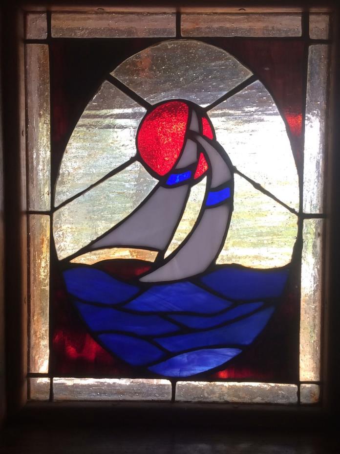 Custom Vintage Antique Stained Glass Sailboat Window, Blue, White, Red / Orange