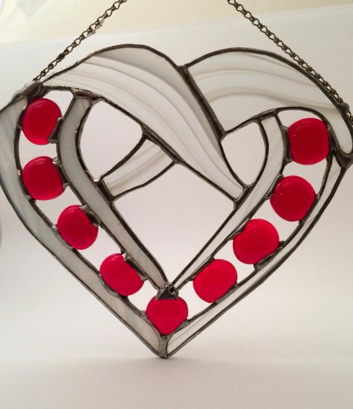 Red & White Heart Shaped Stained Glass Suncatcher