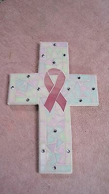 Mosaic Awareness Cross With Stained Glass, Pink Bow and Some Jewels