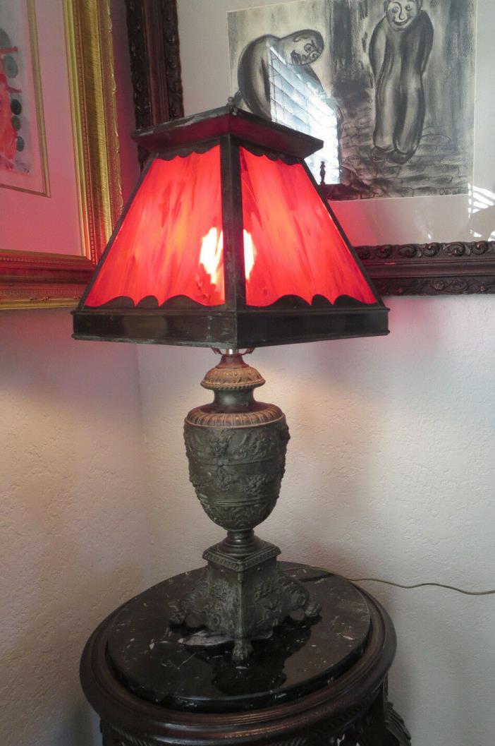 Antique Victorian Embossed Cast Iron Red Slag Stained Glass Lamp
