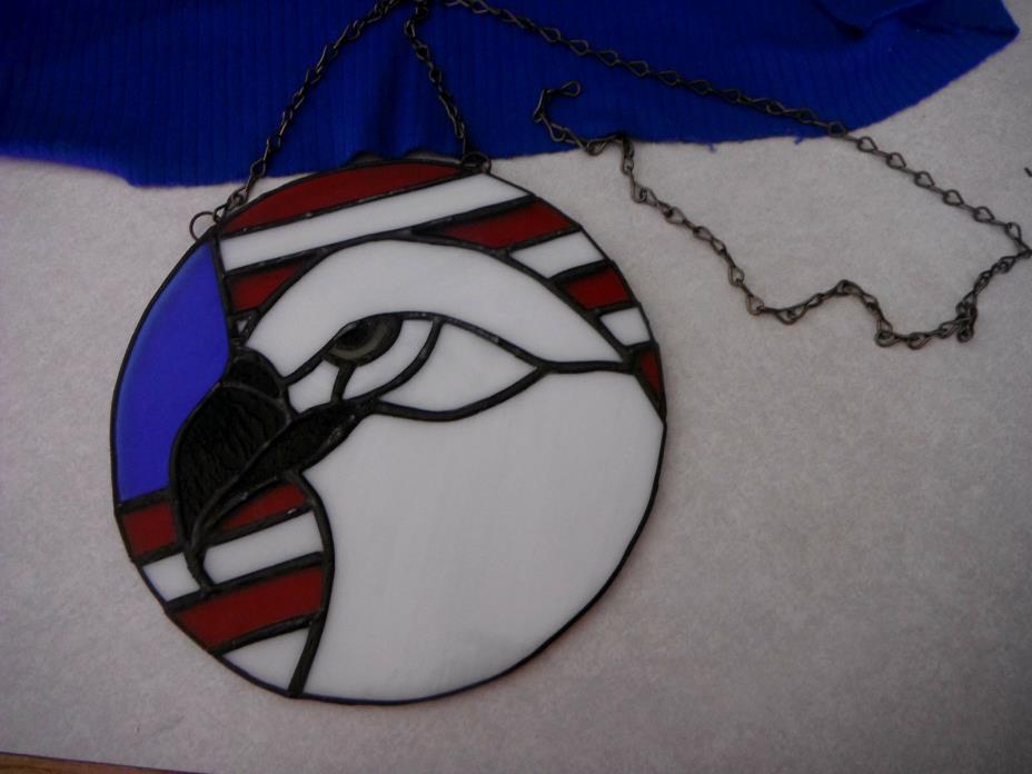 Vintage Hand Made STAINED GLASS Bald EAGLE & Patriotic US Flag SUN CATCHER