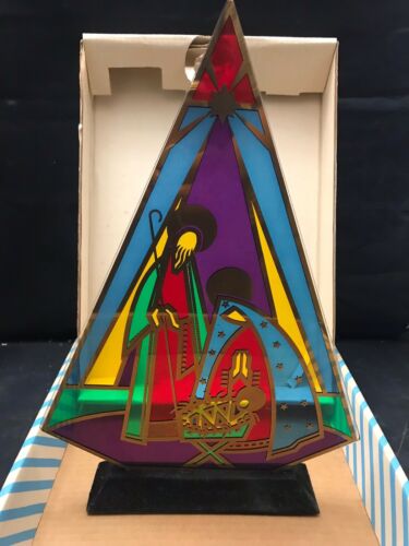 Vintage 1960s Stained Glass Art Christmas Tree Birth of Christ Manger 14
