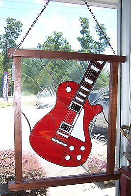 Hand Made Stained Glass Les Paul Guitar Panel Wood Framed