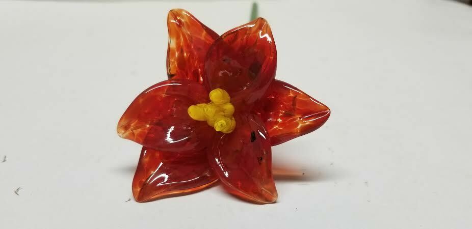 MURANO ART STYLE RED / PERSIMMON MARBLE LONG STEM GLASS FLOWER 15 3/4