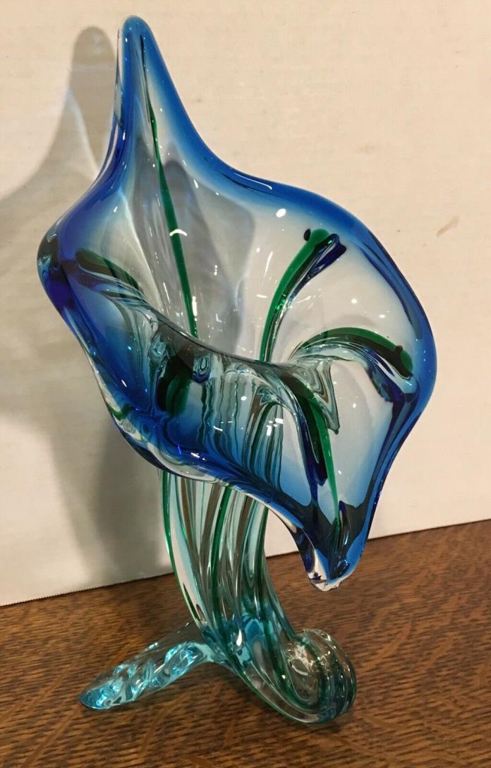 Murano Glass Hand Blown Jack In The Pulpit/Cornucopia Vase, Blue & Aqua