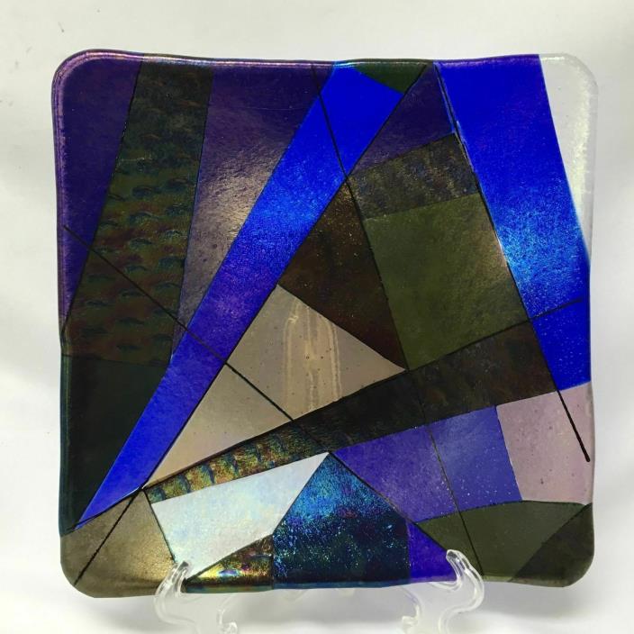 Jane Uzwiak Distinctive Fused Glass Art Square Plate Irid Fields - Beautiful!