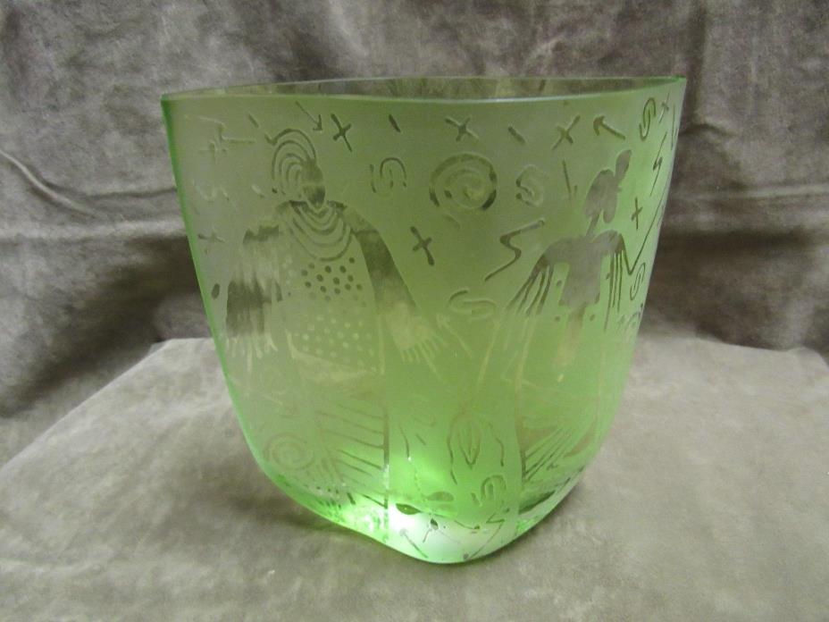 Arizona Artist Madeline Thorpe Signed Green Glass Vase Medicine Man Friend Image
