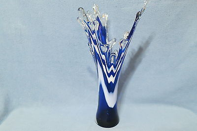 Vintage Studio Art Glass Vase Royal Blue White & Clear Glass 14
