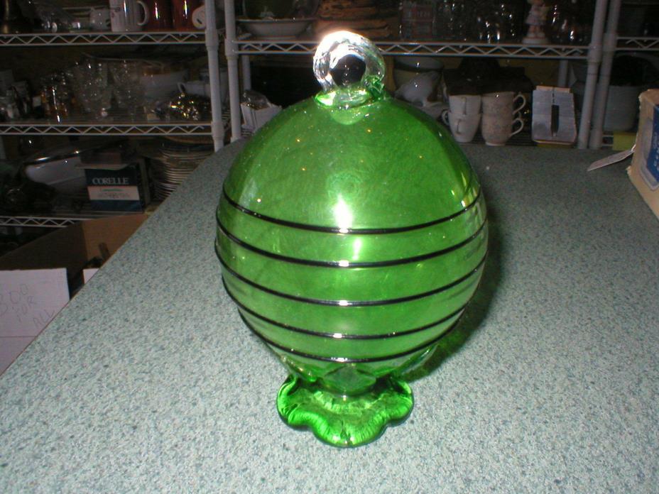 Vintage Green Ball Black Wrapped Footed W/Hanger Art Glass Hand Blown 6
