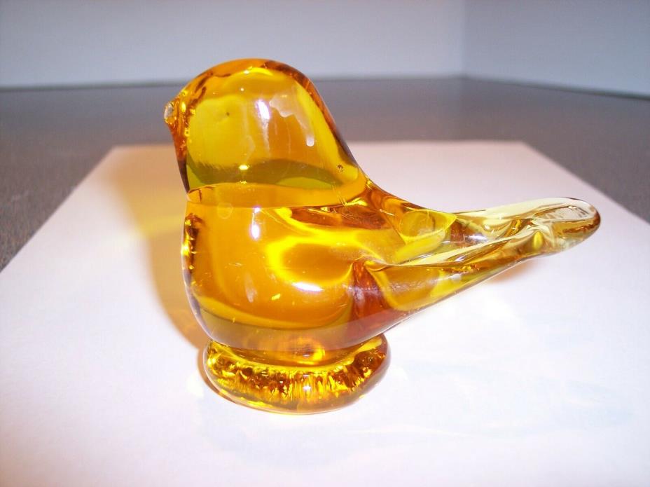 Art Glass Hand Blown Golden Amber Canary Bird Figurine - Signed Leo Ward 1992
