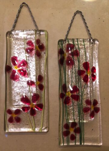 Sun Catchers Hand Blown & Pressed Art Glass Window ~Red Yuletide Flowers~set 2