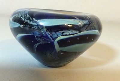 Signed Art Glass Candle Holder C Walters 92 Blue Waves Controlled Bubble