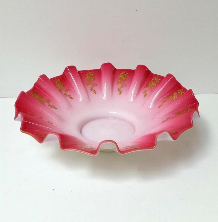 Vintage Pink & White Crystal Plate Dish Painted Gilt Flowers