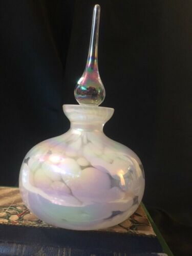 Art Glass White Spotted Iridescent Perfume Bottle, Vintage Hand Blown Glass