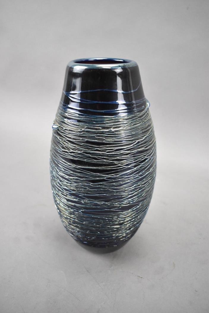 Artisan Amethyst Blue Sterling Silver Threading Hand Blown Art Glass Vase