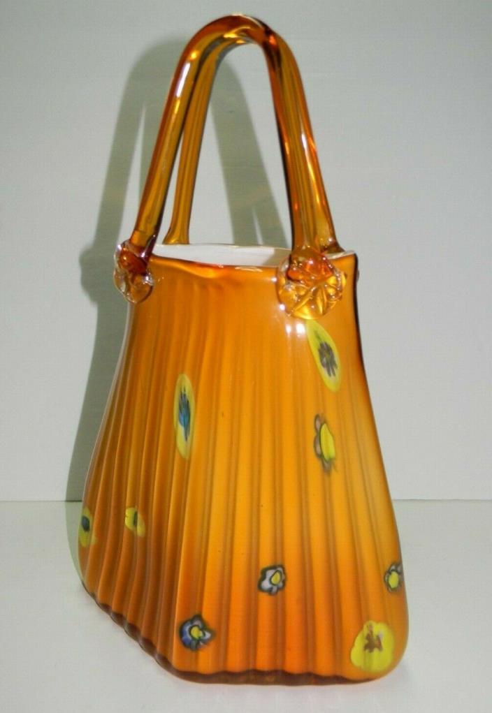Vintage Murano Style Hand Blown Studio Art Glass Purse - Vase- Handbag - Planter