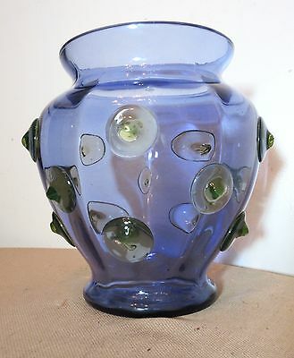 vintage hand blown purple / blue green art glass vase hobnail appliqué
