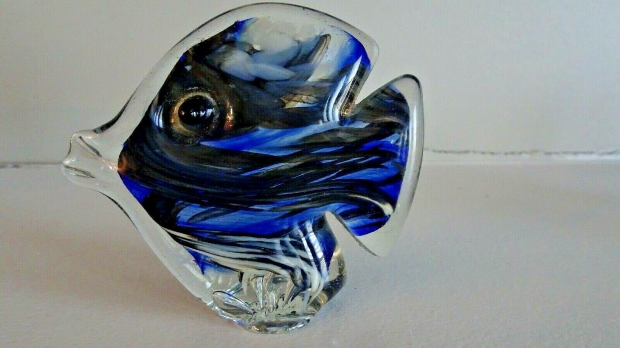 Signed Studio Art Glass FISH Figurine Blue & Black