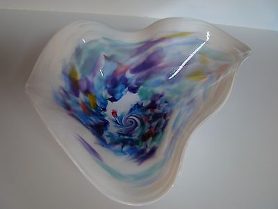White Freeform Hand Blown Art Glass Bowl with Red Blue Purple Yellow Green Swirl