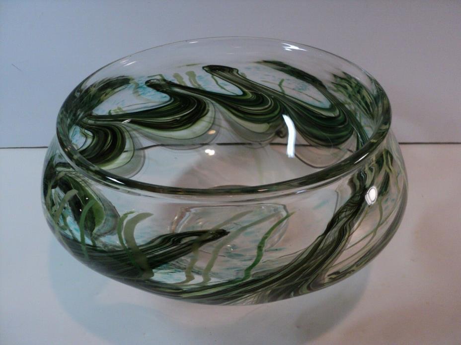 Large Hand Blown Glass Bowl. Free State Studios Kansas. Heavy, Clear & Green