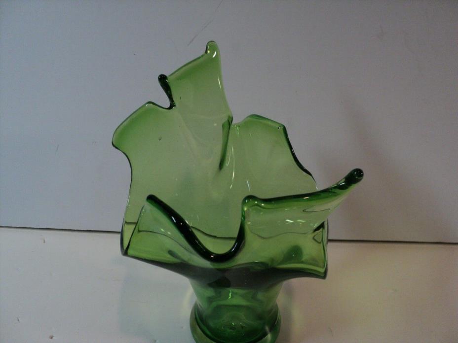 Vintage Hand Blown, Free Form Green Glass Vase, Handkerchief Style