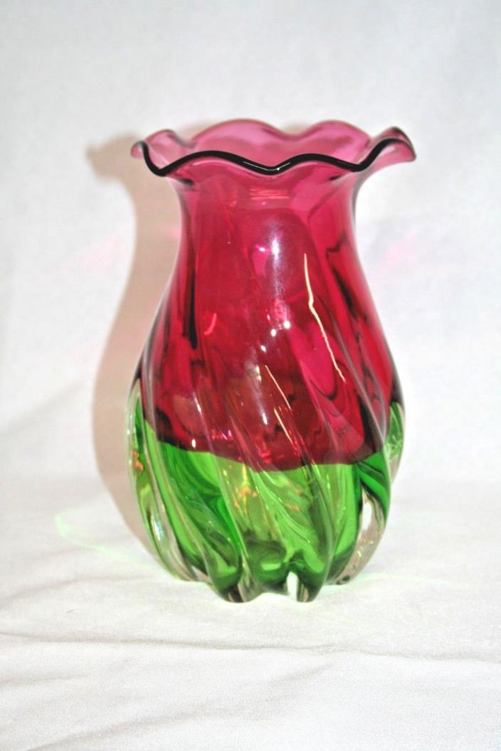 Vintage Hand Blown Teleflora Gift Cranberry Pink And Green Swirl Glass Vase 7.5