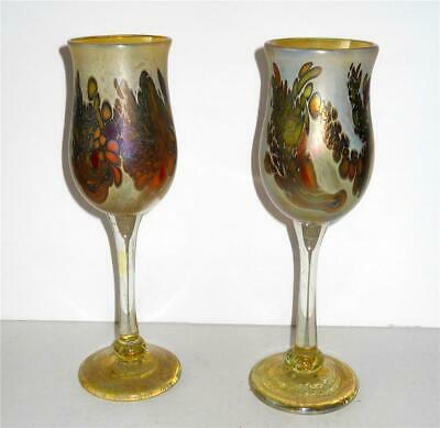 Vintage Aaron Slater Studio Art Glass Wine Goblets Iridescent Hand Blown Pair #1
