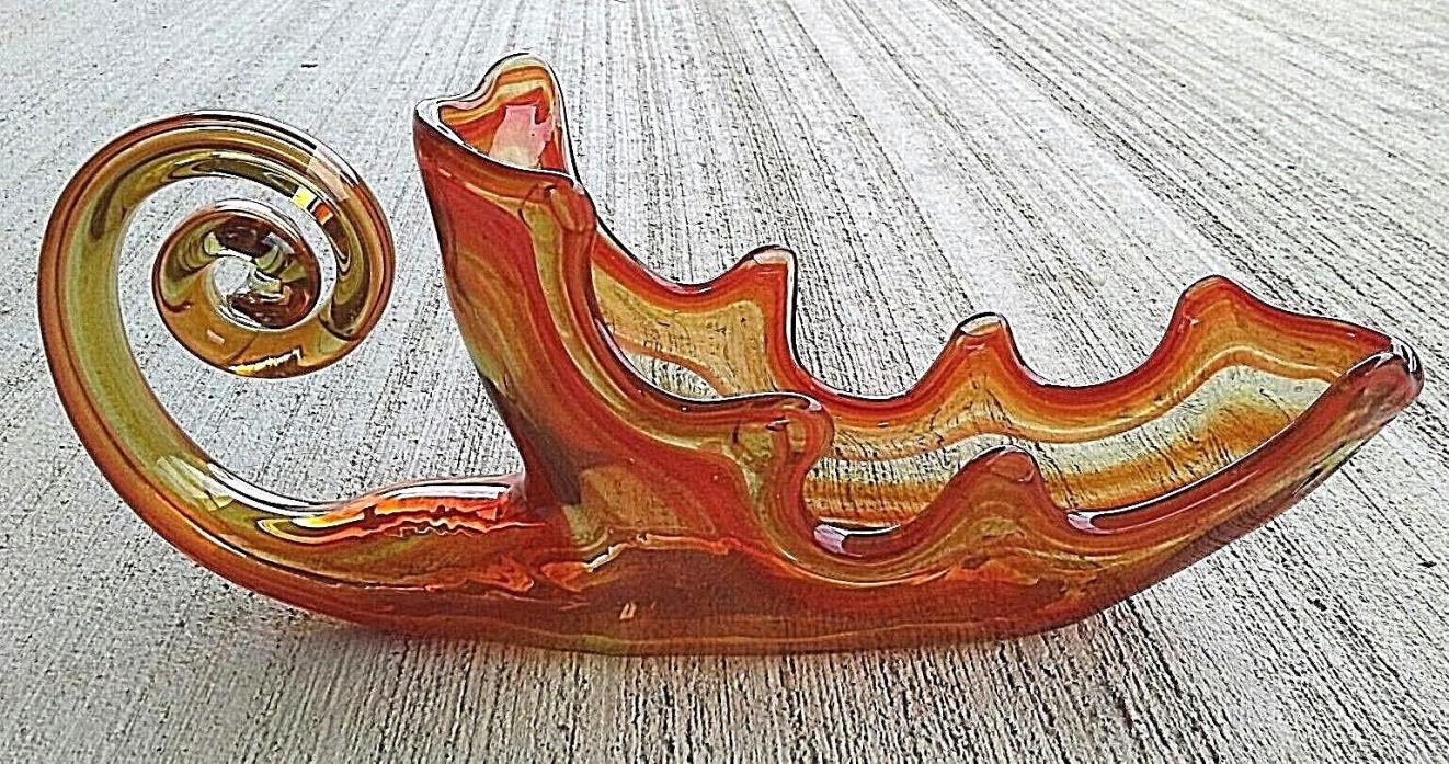 VTG 60's Art Glass Cornucopia Orange Compote Candy Dish Centerpiece Swirl Vase