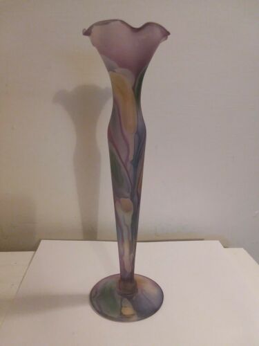 RUEVEN Glass Floral BUD VASE Hand Painted Pastels Art Nouveau Art Glass