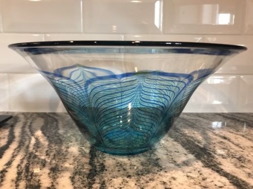Zellique Joseph Morell Art Glass Signed 10” Bowl Blue Clear Pulled Feather