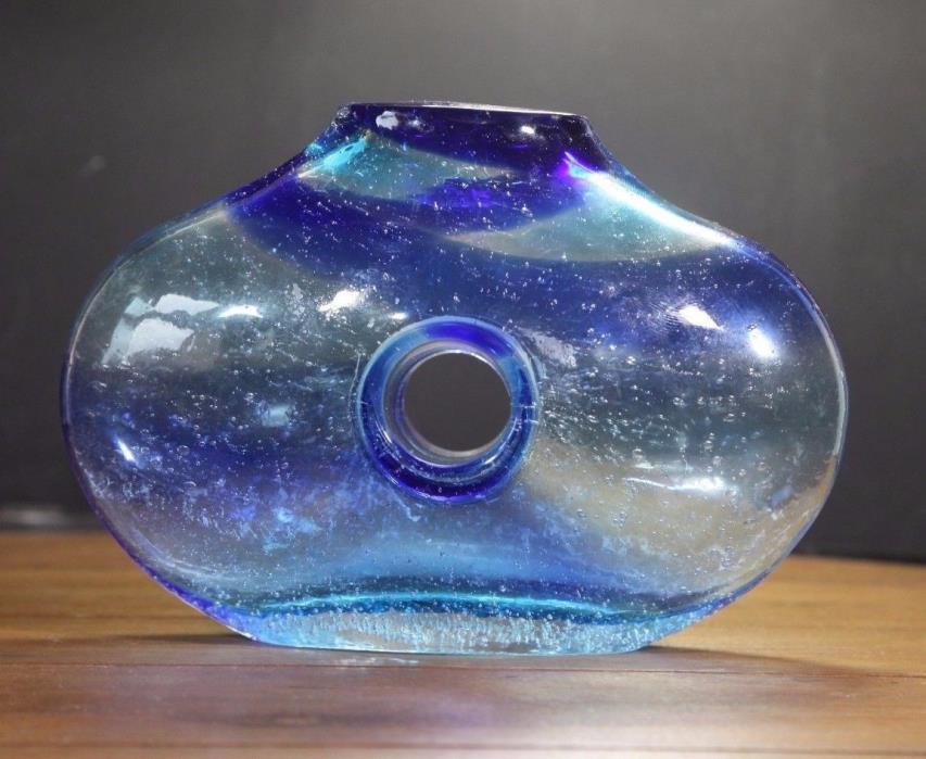 Vintage Hand Blown Vase Hole in Center Cobalt and Light Blue Thick Glass